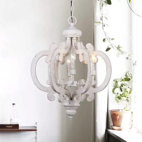 6 Light Wooden Chandelier Antique White Whoselamp