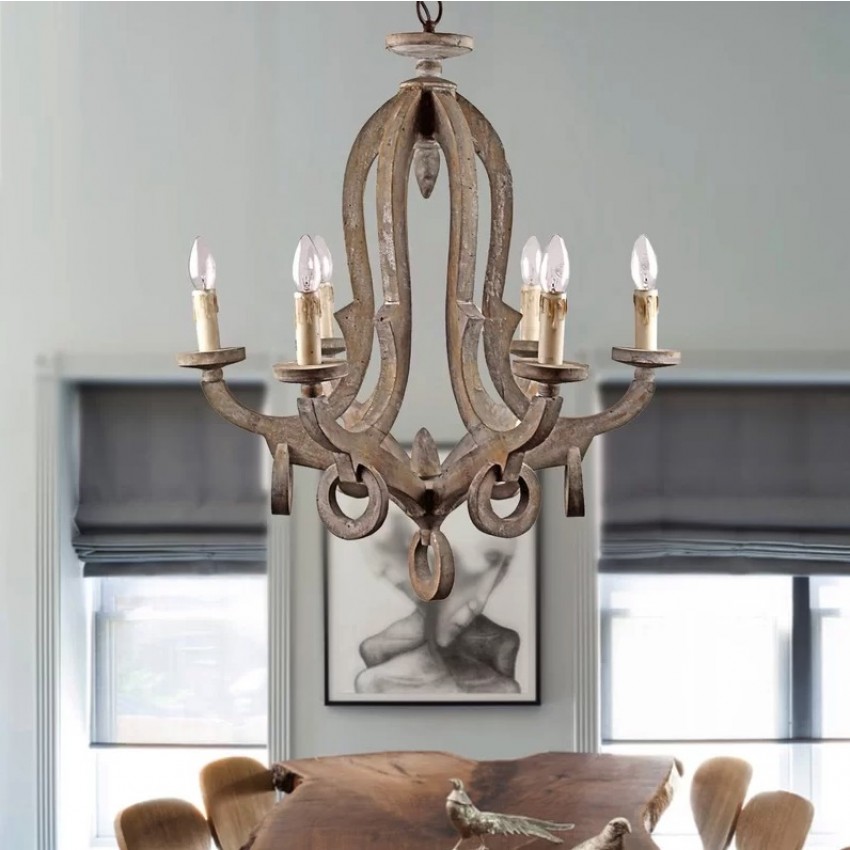 6 Light Candle Style Wooden Chandelier Whoselamp