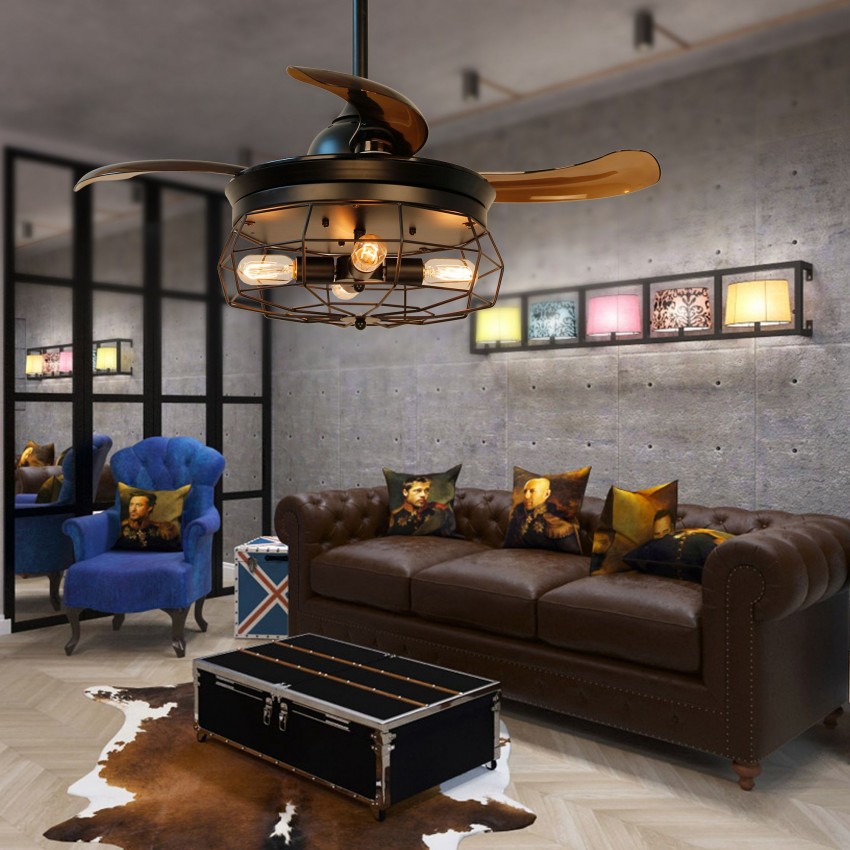36 Inch Industrial Caged Ceiling Fan With Remote Control Fandelier 36 Inch Industrial Caged Ceiling Fan With Remote Control Fandelier Retractable Blades