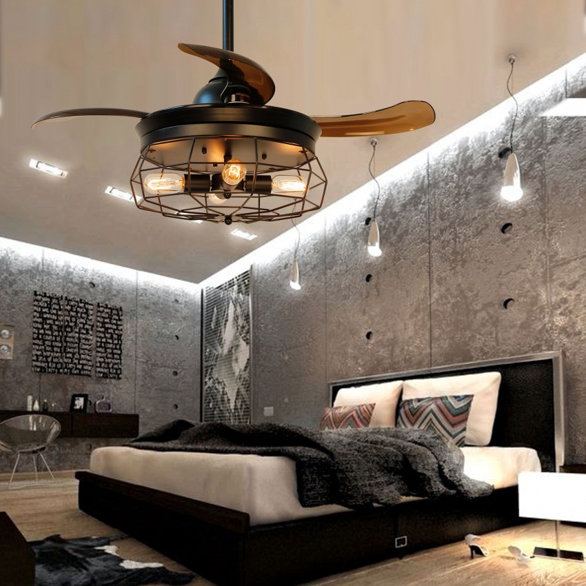 36 Inch Industrial Caged Ceiling Fan With Remote Control Fandelier 36 Inch Industrial Caged Ceiling Fan With Remote Control Fandelier Retractable Blades