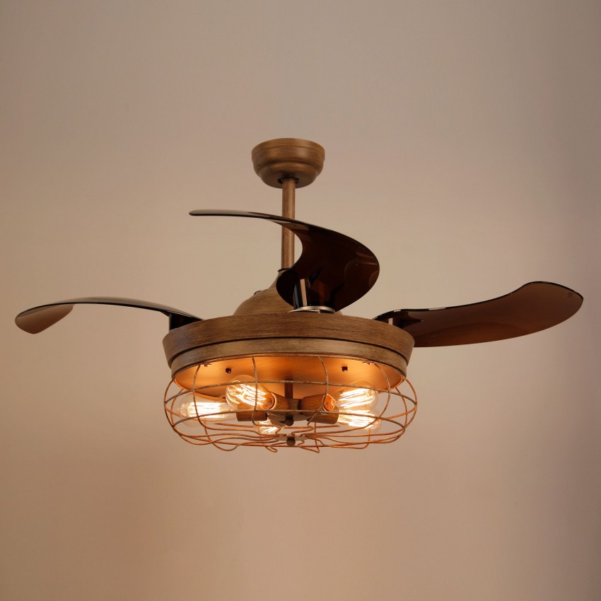 42 Inch Rustic Caged Ceiling Fan With Light And Remote Fandelier 42 Inch Rustic Caged Ceiling Fan With Light And Remote Fandelier Retractable Blades Weathered Oak