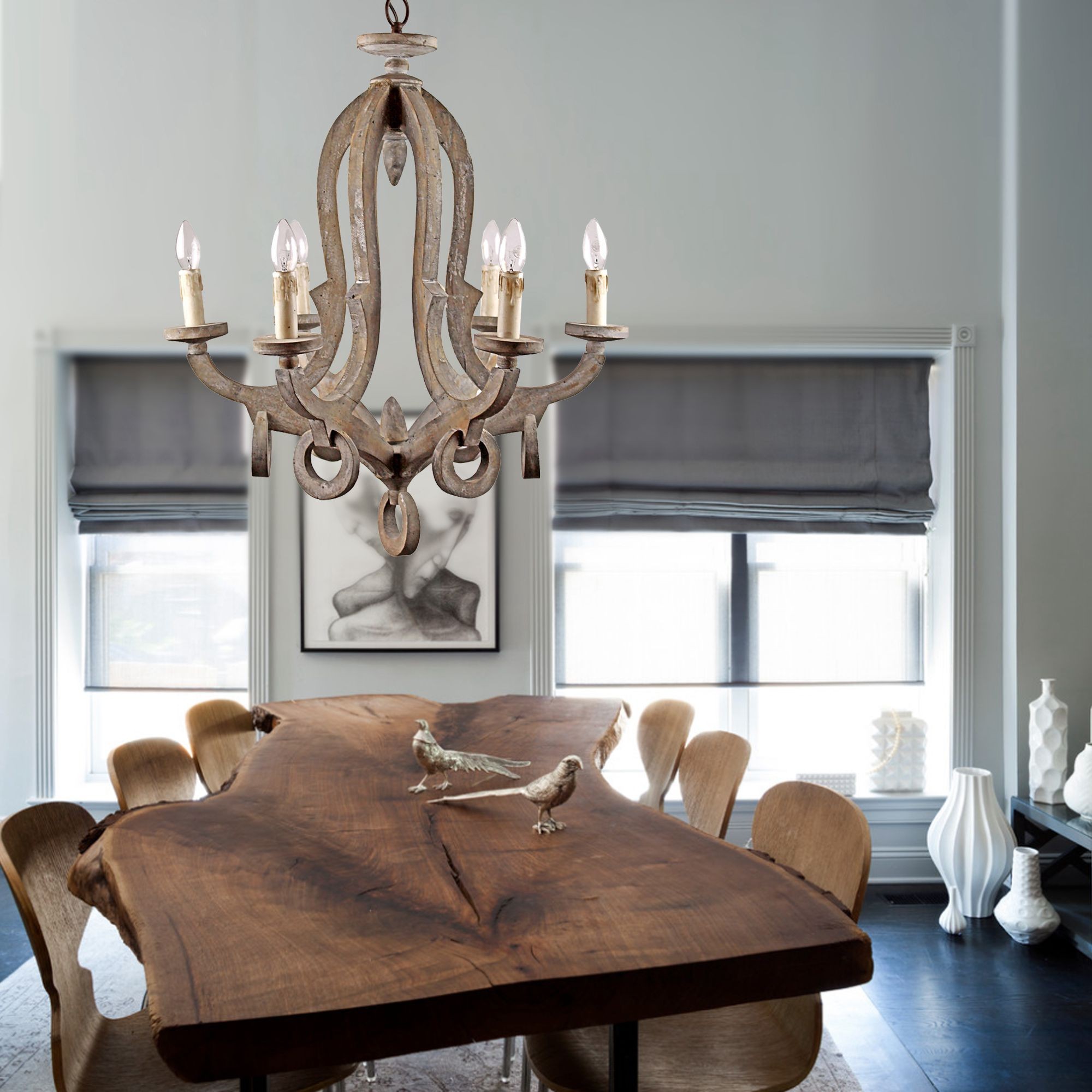 6 Light Candle Style Wooden Chandelier Whoselamp